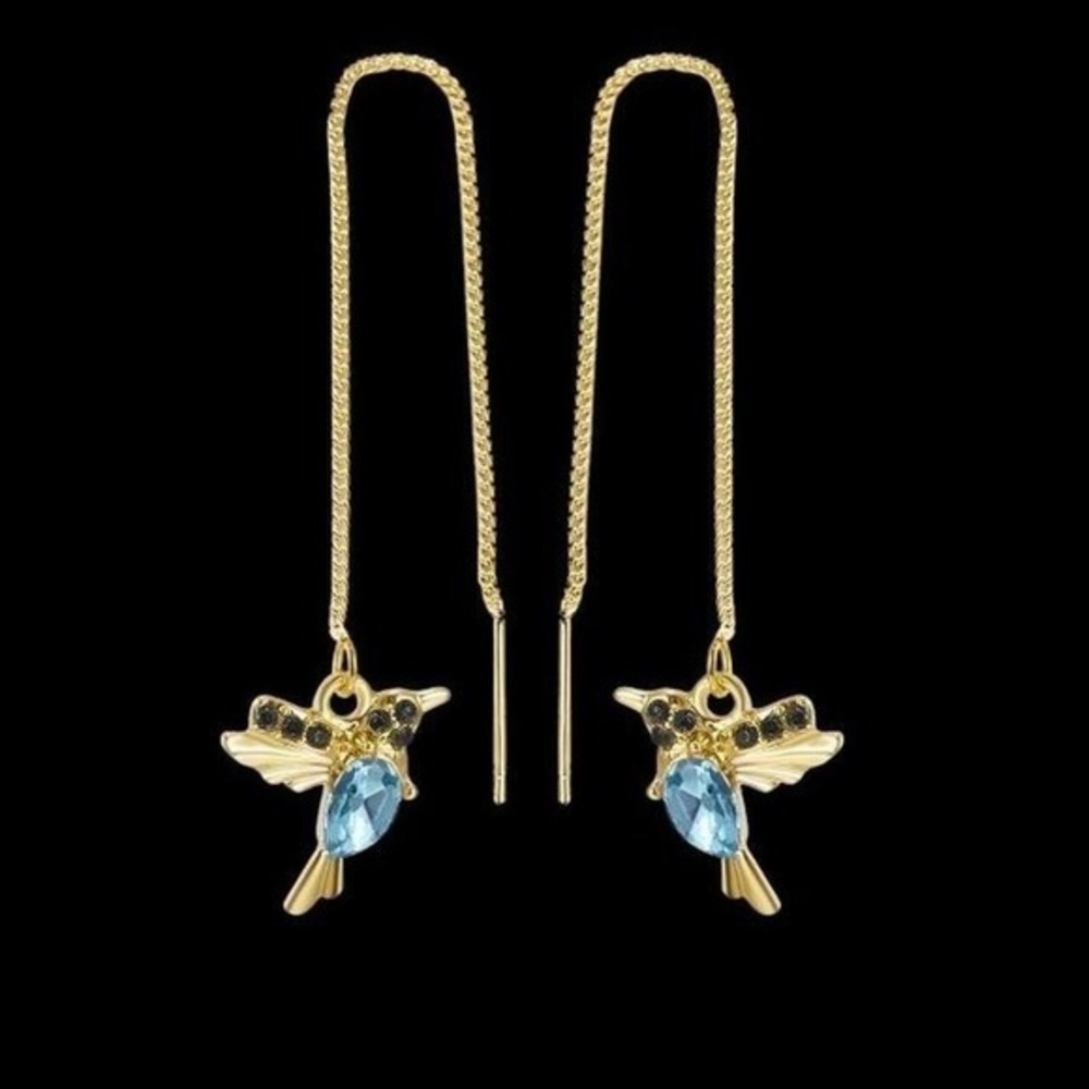 Gold Hummingbird Threader Earrings Blue Crystal Nature Bird‎ Jewelry